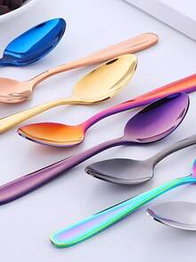 5pcs Colorful Stainless Steel Coffee Spoons, 14cm/5.51in, Colorful Small Tea Spoons, Ice Cream Spoons, Stirring Spoons, Rice Spoons, Dessert Spoons, Party Gathering Spoons, Tableware Set, Creative Gift, Dishwasher - Multicolor - View 3