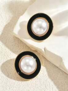 2pcs Women's Earrings Niche Oil Drip Design Pearl Inlaid Stud Earrings Versatile High-End Ear Jewelry - White - View 3