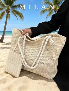 2026 Summer Casual Woven Rope Knot Tote Bag Set, Beach Handbag With Large Capacity, Versatile Essential For Outings - Beige - View 2