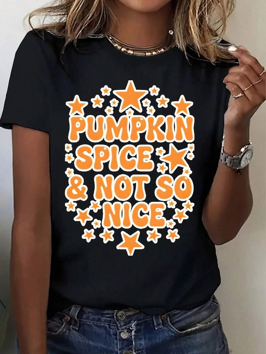 Camisetumpkin Spice And Not So Nice con estampado de estrellas naranjas y texto, para uso casual en otoño, Halloween - 220g