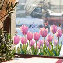 1/3/5pcs Watercolor Pink Tulip Butterfly Wall Window Decal, Self-Adhesive Removable Waterproof Vinyl Sticker For Living Room Bedroom Bathroom Baseboard Glass Door Window. Easy Peel And Stick DIY Wall Art For Home Decor. - Multicolor - View 7