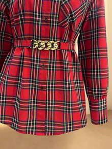 Women's Autumn/Winter Holiday Color Plaid Mid-Length High-Low Hem Slightly Dropped Shoulder Loose Fit Metal Buckle Design Belt Long Sleeve Shirt - Red - View 6