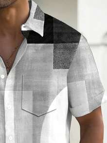 Vintage Geometric Color Block Print Men's Button Pocket Short Sleeve Shirt - Grey - View 5