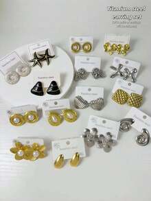 1/10 Pairs 304 Stainless Steel Earring Set - Black Vintage Style With Gold Tone Flower Pendant, Stainless Steel Earring Set, Hypoallergenic Light Beige Tone, 304 Stainless Steel Material, Suitable For Sensitive Skin (Randomly Shipped) - Elegant and Stylish Suit - View 1