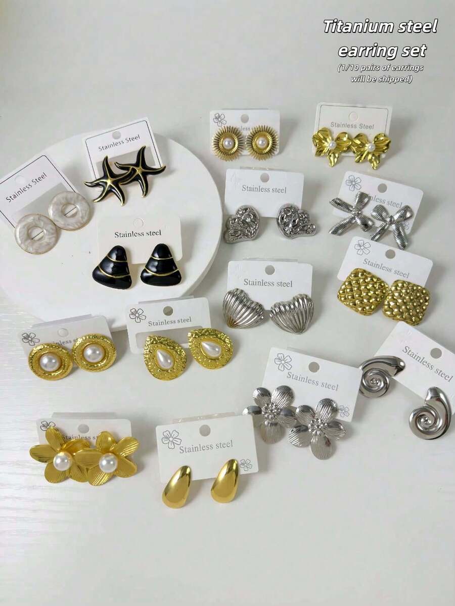 1/10 Pairs 304 Stainless Steel Earring Set - Black Vintage Style With Gold Tone Flower Pendant, Stainless Steel Earring Set, Hypoallergenic Light Beige Tone, 304 Stainless Steel Material, Suitable For Sensitive Skin (Randomly Shipped) - Elegant and Stylish Suit - View 1