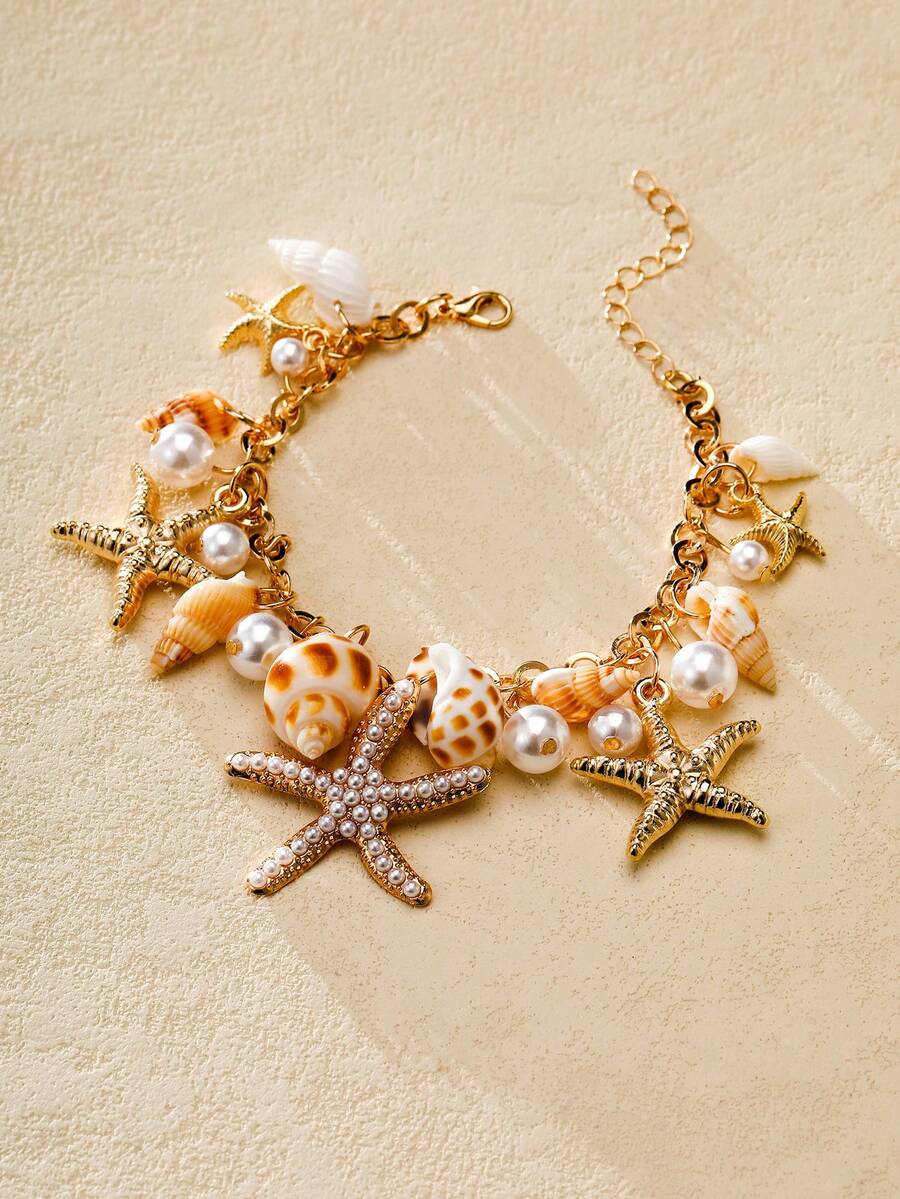 Nocturel 1pc Bohemian Style Alloy & Pearl Decor Starfish Bracelet For Women, Summer Beach - Multicolor - View 1