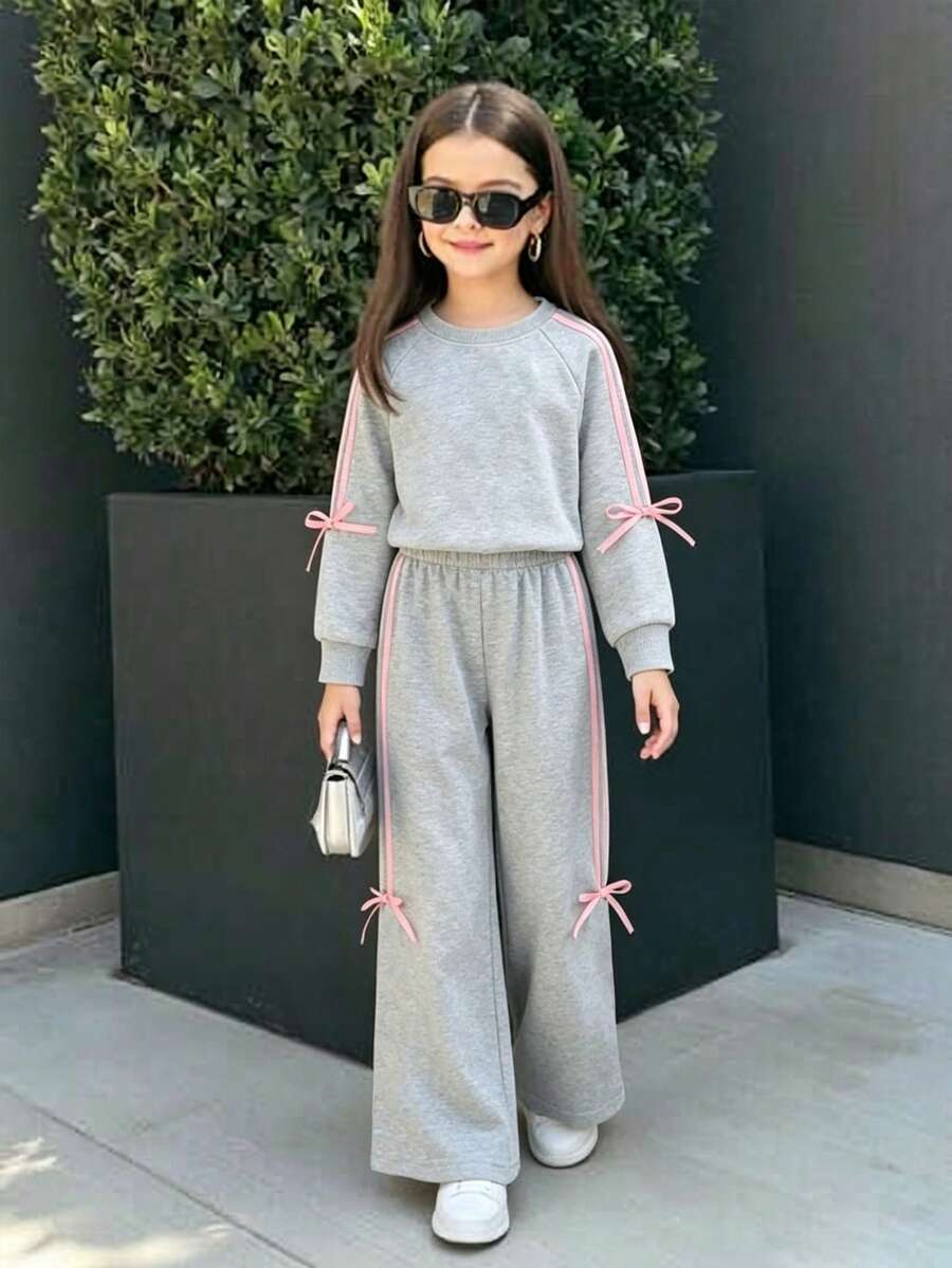 Conjunto de sudadera y pantalón de chándal con cuello redondo y decoración de lazo para niña preadolescente - Gris Claro - Ver 1