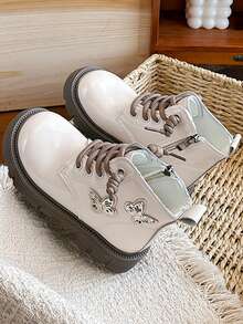 1 Pair Girls' Fashion Boots With Butterfly Decor Princess Shoes, Daily Wear, Dance Performance, Party, Cute Style - Beige - View 9