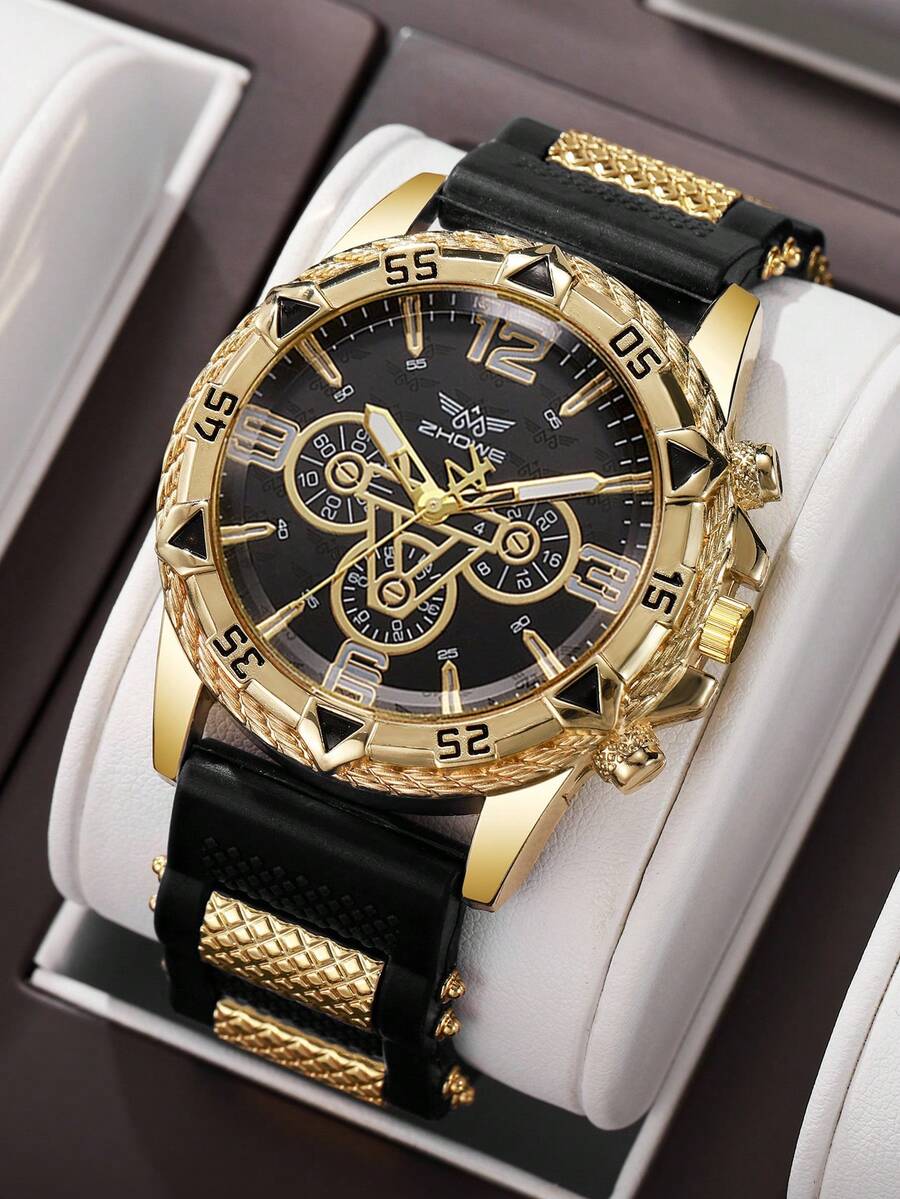Men's Silicone Watch Classic Fashion Three-Eye Digital Scale Dial Handsome Sports Quartz Wristwatch (1pc/Set) Does Not Include Watch Box - Black - View 1