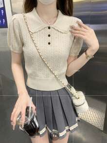Peter Pan Collar Puff Sleeve Knit Sweater, Sweet Versatile Tops For Women, Summer New Arrival - Apricot - View 7