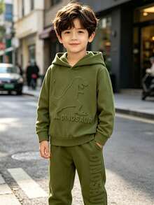 2pcs/Set Young Boy Casual Dinosaur 3D Print Hooded Sweatshirt And Pants Set, Spring Autumn - Army Green - View 1