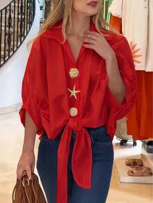 Camisa de tela tejida de unicolor casual con botón retorcido, adecuada para el uso diario de verano en color blanco - Rojo - Ver 1