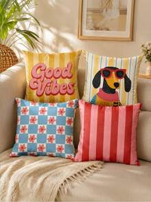 4pcs/Set, Contrast Color Throw Pillow Covers, Cute Dog Letter Plaid Stripe Ditsy Floral, Pastoral Fresh Style Bedroom Sofa Cushion Covers, Zipper Easy To Remove And Wash, Pillow Inserts Not Included - Multicolor - View 11