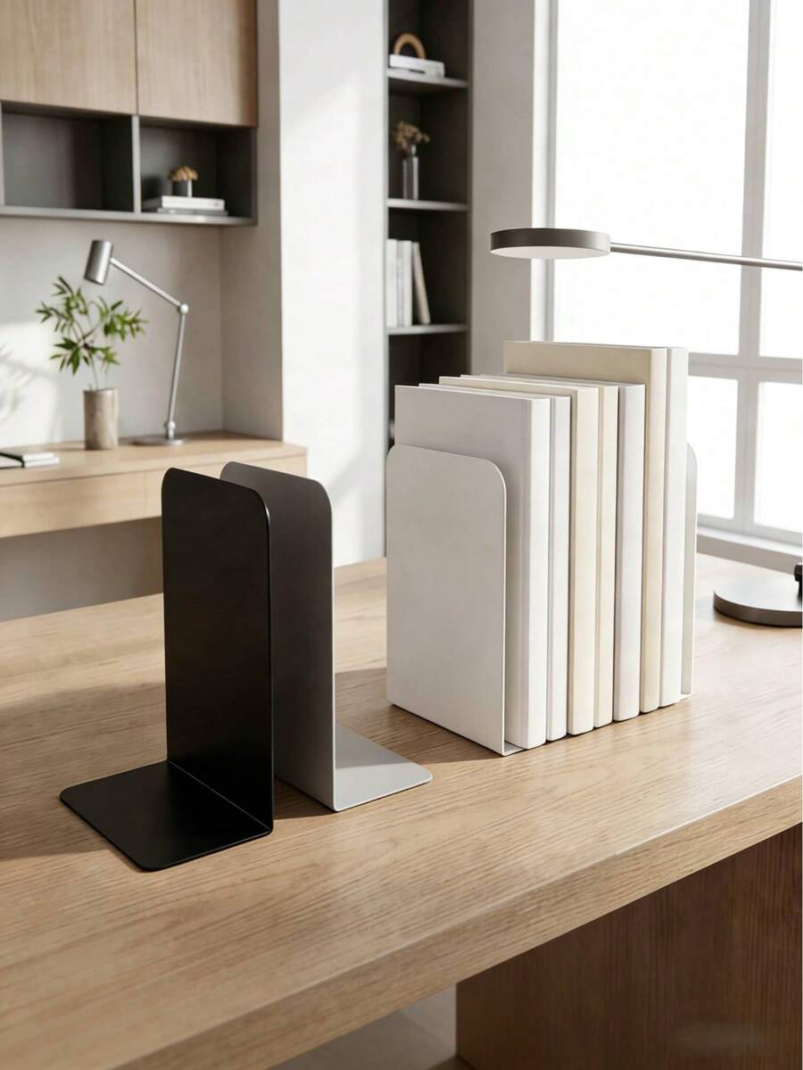 1/2件極簡金屬書立，防滑設計，大號/特大號書架，適合學生書籍，理想的學校用品，返校桌面收納，辦公用品，桌面配件，辦公桌物品 - B - 查看 1