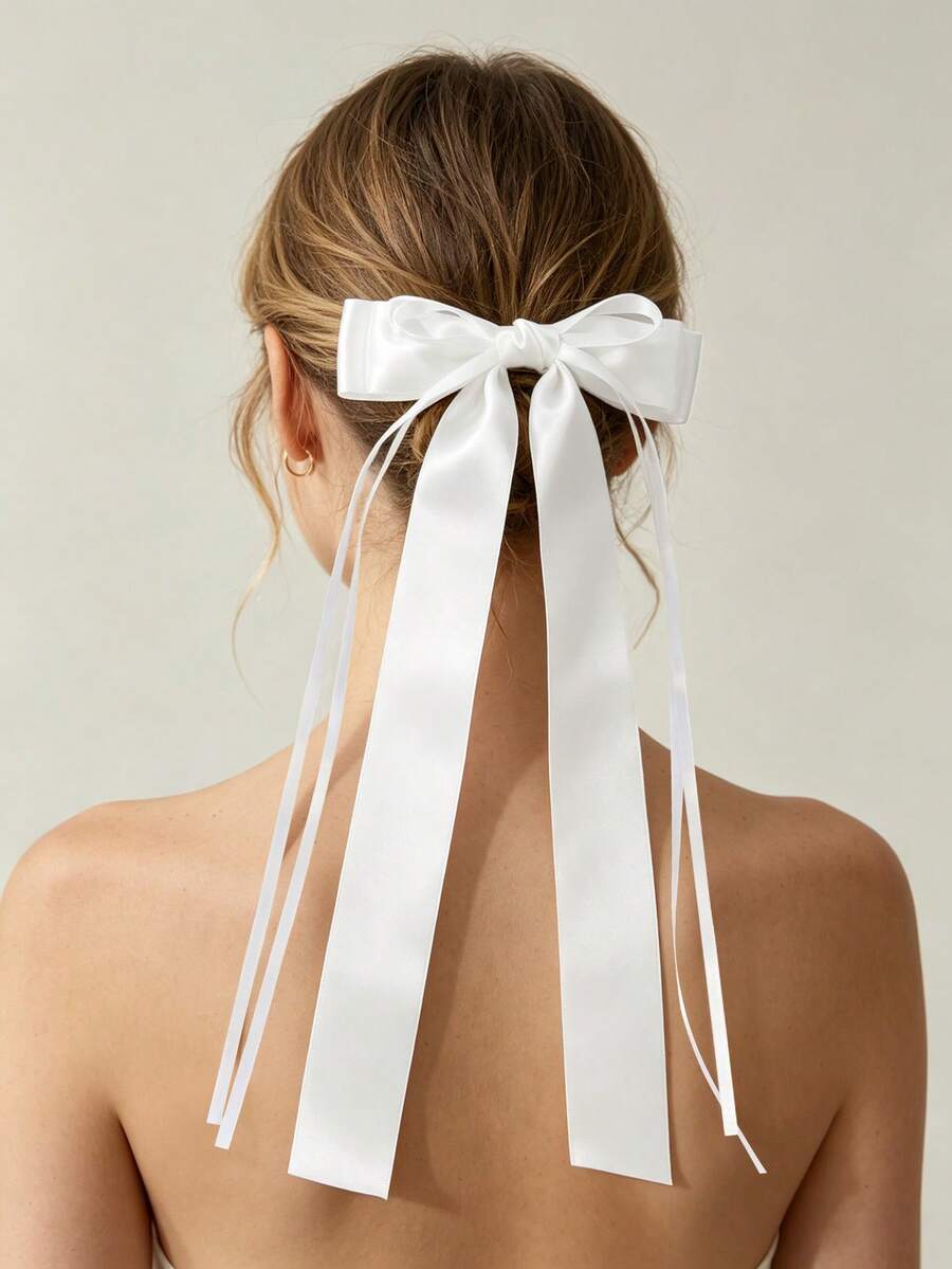 1pc Women's Smooth Satin Multi-Layer Long Ribbon Bow Hair Clip, Solid Color Versatile, Suitable For Daily Wear,Clips For Hair - Multicolor - View 1