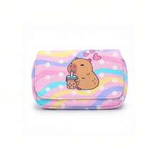 Printed Capybara, Pink Pencil Case, Double-Layer Flap Pencil Case Stationery Box, Can Hold Pencils, Keys, Phones, Coins, Small It, First Day Of School - Multicolor - View 9