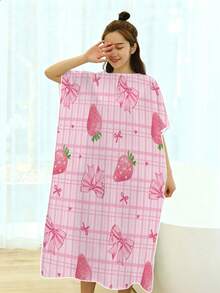 1pc Pink Plaid Strawberry Bow Pattern Hooded Bath Towel, Modern Style Ultra-Fine Microfiber Rectangular Absorbent Changing Robe Multi-Function Towel Suitable For Indoor Bathroom Outdoor Beach Bath Towel Bathrobe Birthday Gift, All Season Bathroom Bathing Home Shower Wrap Bathing Robe, Loose Fit Unisex Couple Loungewear Suitable For Christmas And Other Holidays - Multicolor - View 6