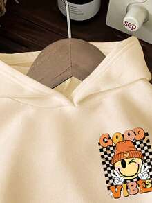 Young Girl Cartoon Print Warm Hooded Sweatshirt - Apricot - View 5