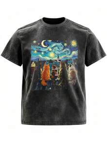 Funny Cat Starry Night Van Gogh Cats Rooftop Scene Feline 230g Washed T-Shirt - Black - View 2