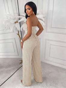 AIJ Amarilo Elegant Women's Strapless Gold Buckle Striped Two Pieces Set, Made Of Medium Stretch Fabric, Creating A Sexy Casual Look Summer - Apricot - View 2