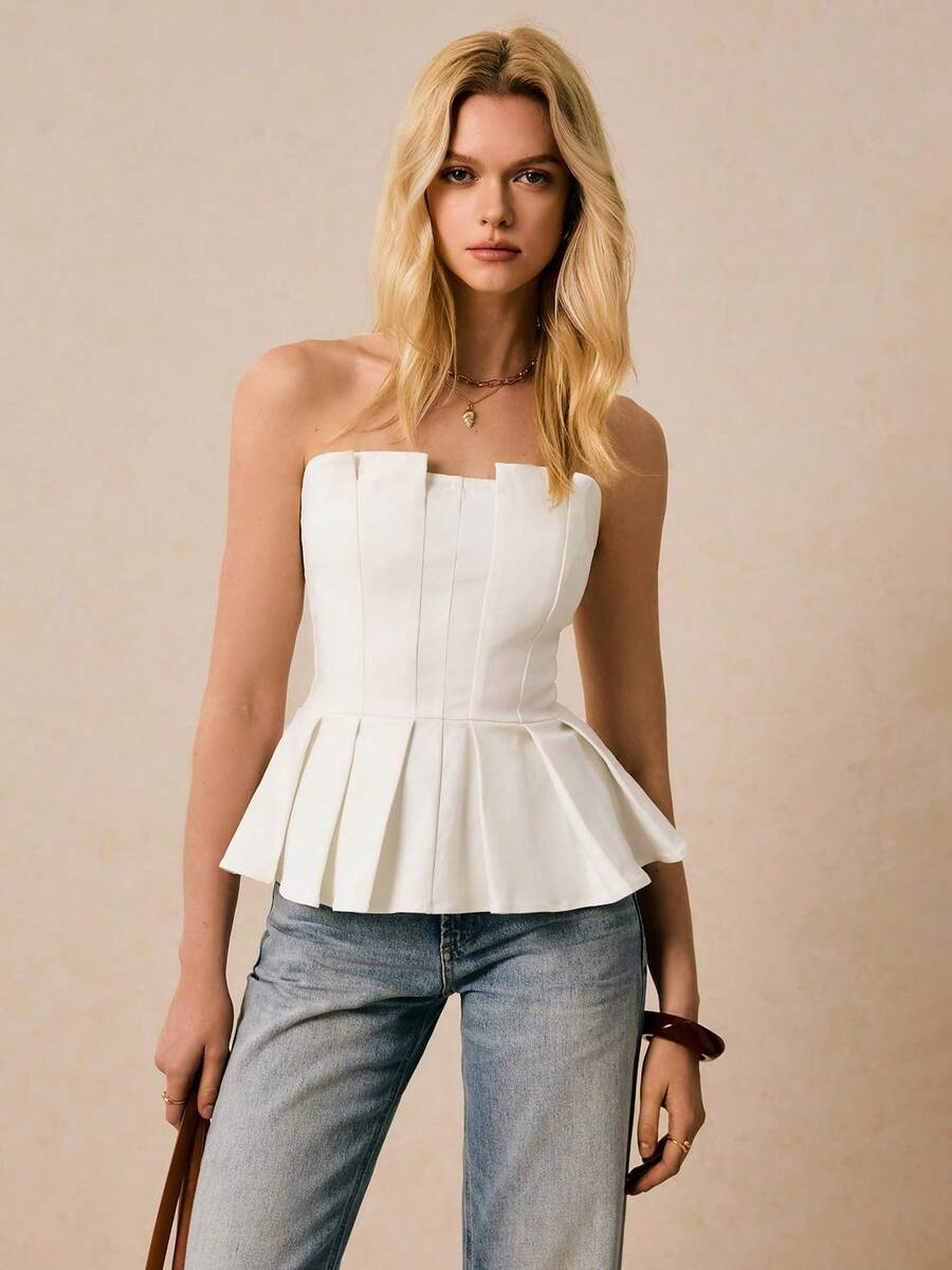 2026 Nuevo Top bandeau plisado con estampado de lunares elegante para mujer, verano - Blanco - Ver 1