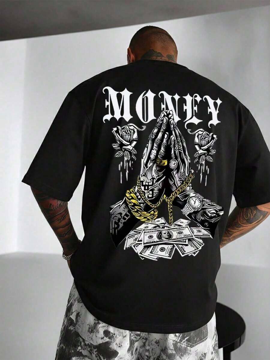 Zrgoth Men's Casual And Versatile Short Sleeve T-Shirt With Simple Money Print - 黑色 - 查看 1
