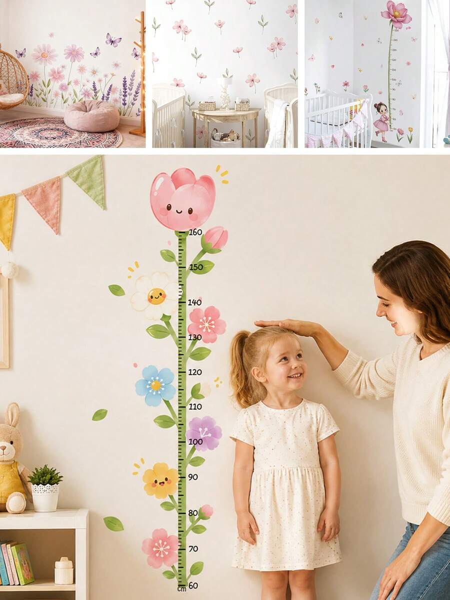 1/3 Sheets Cute Flower Growth Chart Sticker For Kids, Cartoon Height Measurement Wall Decal, Removable Nursery Room Decor, Baby Girl Boy Height Tracker, Home Decoration Accessories - Multicolor - View 1