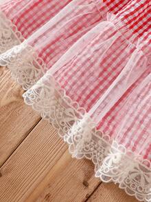 2pcs/Set Girls Sweet Bow Sleeveless Tank Top And Red Plaid Tulle Cake Skirt Summer Outfit - White - View 7