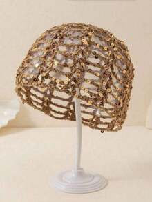 1pc Y2K Style Cute Casual Fashion Bucket Hat With Contrast Colors, Sequin Embellishments, Smooth Texture, Hollow Design, Breathable, Hand-Woven, Suitable For Women, Ideal For Outings, Photography, Daily Wear - Multicolor - View 5