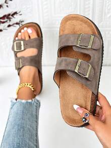 Women's Suede Leather Mule Clogs With Soft Cork Insole, Open Toe Flat Summer Sandals, Slip-On Beach Shoes, Plus Size Brown Khaki Casual Sandals - Khaki - View 2