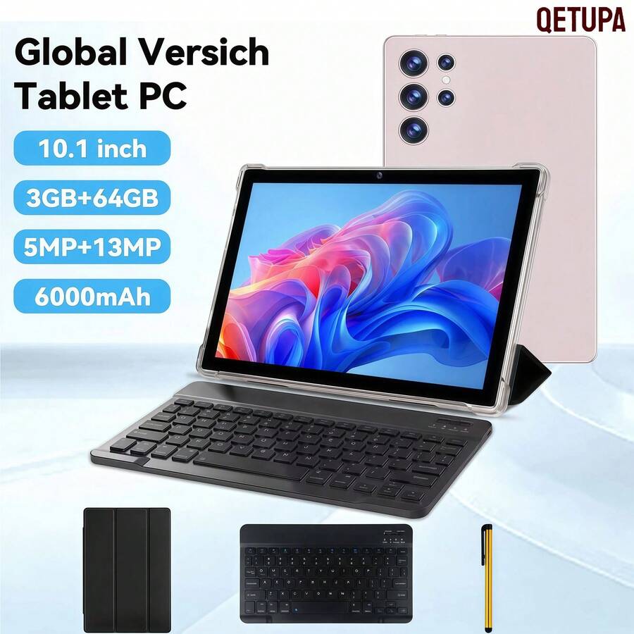 Qetupa 10.1 Inch Android 15 Z50 Tablet PC, 3GB RAM + 64GB ROM, MTK 6755 Octa-Core 1.8GHz Processor, HD (1280x800) IPS Touchscreen, 5MP Front Camera And 13MP Rear Camera, 6000mAh Large Battery, No SIM Card Support, Includes Keyboard, Tablet Case And Stylus (Adapter Not Included) - Gold With KB - View 1