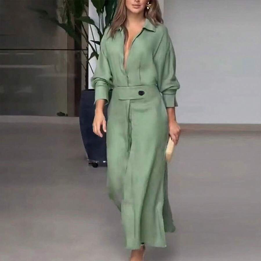 Timeless Draped Maxi Dress - Refined Silhouette & Flowy Texture - Green - View 1