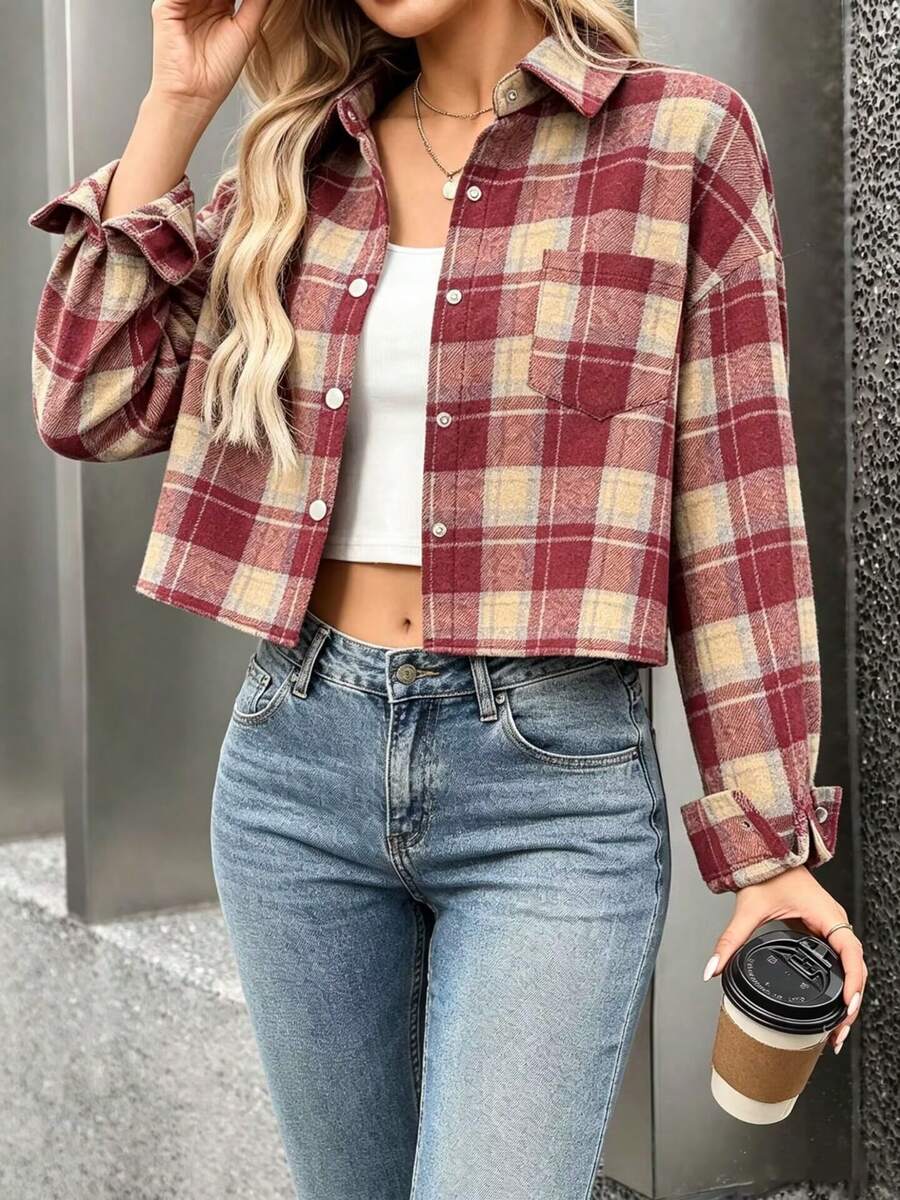 Women's Autumn/Winter Brushed Short Plaid Shirt - Red - View 1