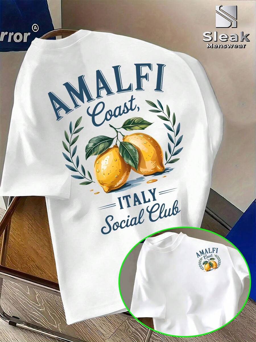 Estilo callejero japonés, moda de verano italiana, camiseta para hombre con estampado de letras de la de AMALFI y diseño de limones, ITALIA. Camiseta moderna con temática social para j - Gris Claro - Ver 1