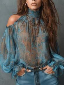 Women's Bohemian Paisley Print Cold Shoulder Blouse, Vintage Off-Shoulder Paisley Pattern Blouse, Long Ruffle Sleeve Stand Collar Asymmetric Blouse, Autumn - Dusty Blue - View 1