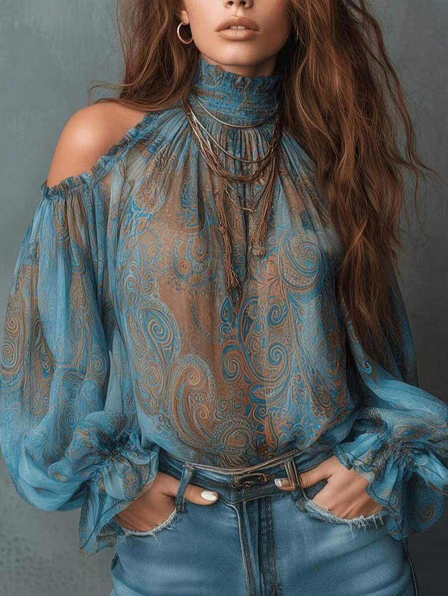 Women's Bohemian Paisley Print Cold Shoulder Blouse, Vintage Off-Shoulder Paisley Pattern Blouse, Long Ruffle Sleeve Stand Collar Asymmetric Blouse, Autumn - Dusty Blue - View 1