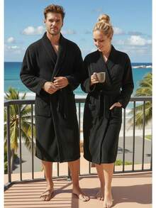 UNISEX BATHROBE, WIDE AND LONG, EXCELLENT ABSORPTION, MICRO-TOWEL FABRIC (COTTON WITH MICROFIBER) - Black - View 4