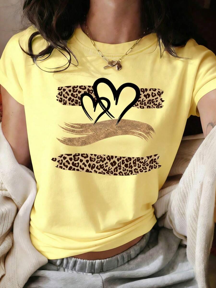 Men's Fashion Explosion Short Sleeves. Casual Summer T-Shirt For Women With Vintage Leopard Print And Heart Design, Round Neck, Short Sleeves, For Everyday Wear. - 黃色 - 查看 1