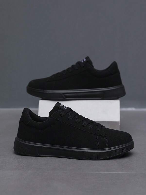 (Runs Small By One Size) Men's Minimalist Pure Black Lace-Up Patchwork Comfortable Casual Skate Shoes, Classic Fashion Versatile Outdoor Street College Sports Hiking Shoes