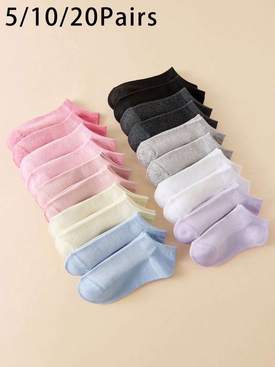5/10/20 Pairs Women's Mixed Color Mesh Boat Socks, Lightweight Casual Fashion Breathable Non-Slip Summer Short Socks, Invisible Short Socks - Multicolor - View 1