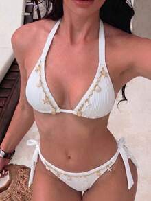 2件組女款海洋主題裝飾性性感休閒比基尼套裝，掛脖純色泳衣，適合夏季度假 - 淺粉色 - 查看 1