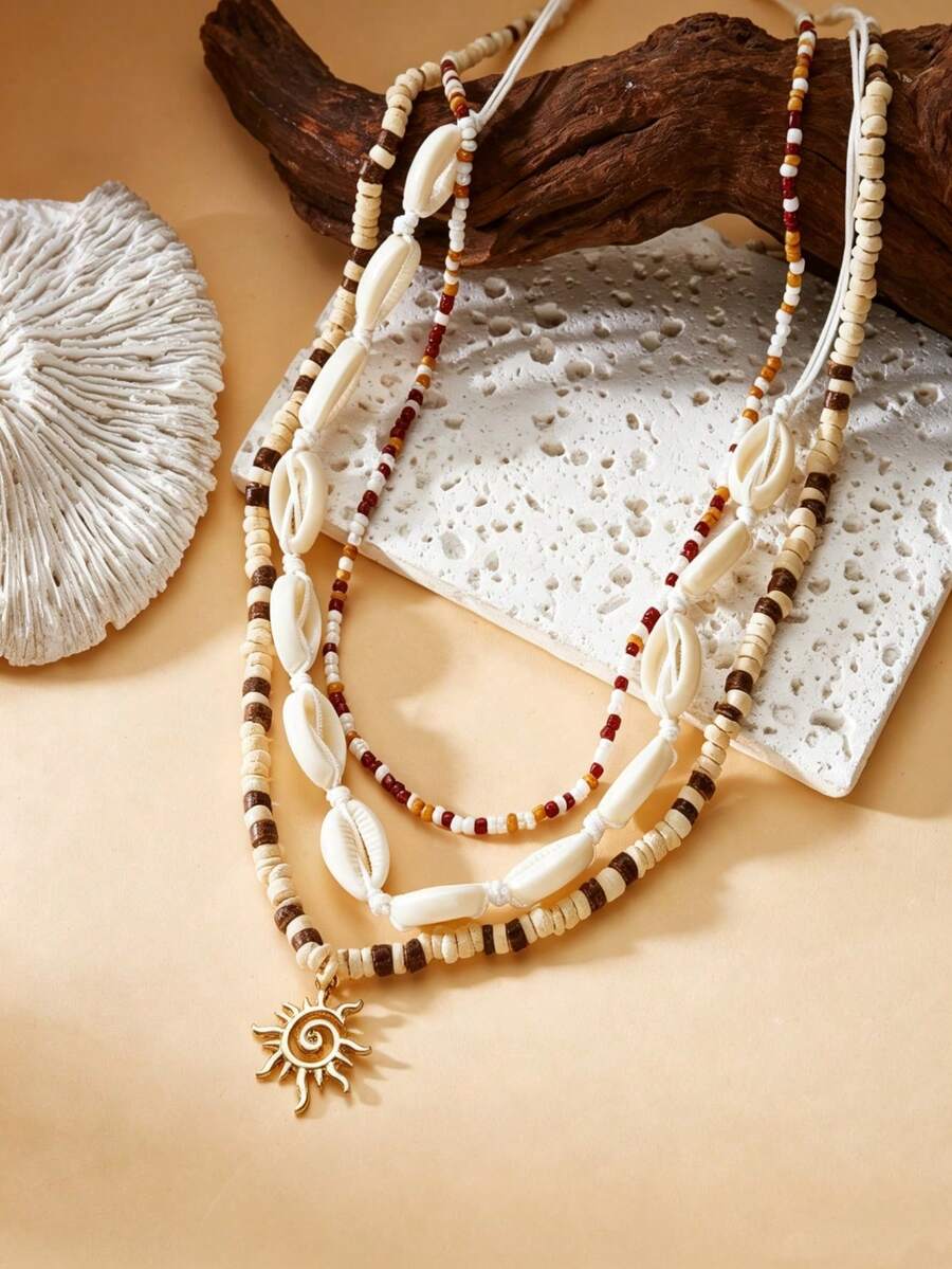 3pcs/Set Men's Vintage Bohemian Shell Decor Seed Bead Necklace, Creative Fashion Metal Spiral Sun Pendant Multi-Layer Necklace, Suitable For Men And Beach Vacation Jewelry Set - Three-piece Necklace - View 1