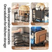 Kusuxva This Double-Layer Metal Kitchen Countertop Dish Rack Is Space-Saving And Durable. It Comes With A Knife And Fork Holder, Cup Holder, Cutting Board Holder, And Rust-Proof Drain Tray. Kitchen Storage Items Help You Keep Your Kitchen Neat And Organized. - 黑色 - 查看 4