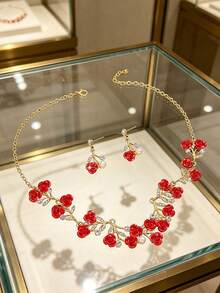 1 Set Sweet Elegant Rose Necklace And Earrings Set, Women's Holiday Birthday Date Ball Party Vacation Shopping Accessories - Rose - View 3