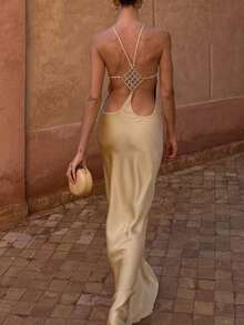 DOUCIU French Style Solid Color Backless Sexy Halter Neck Maxi Dress Beach Vacation - Khaki - View 6