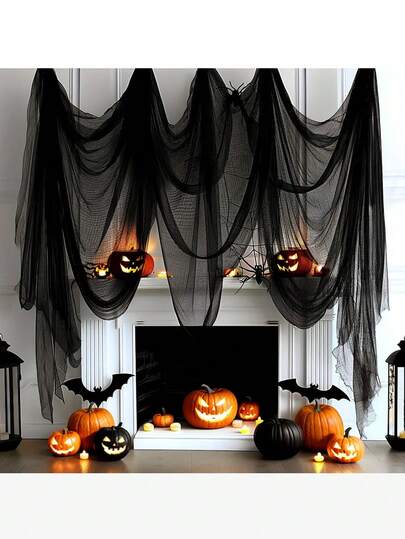 1PC Halloween Scary Black Gauze Curtain - Available In 76*183cm, 76*300cm, 76*500cm Sizes - Perfect For Haunted House, Nightclub And Escape Room Decoration, Polyester Fabric, Halloween Decoration, Home And Garage Storage And Organization