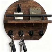 Wall-Mounted Key Rack - 9.8 Inch Apartment Wall Decor With Shelf And 8 Key Hooks, Round Wooden Key Holder, Home Decoration - 5 Hooks - View 11