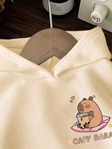 Young Girl Capybara Print Warm Sports Sweatshirt - Apricot - View 5