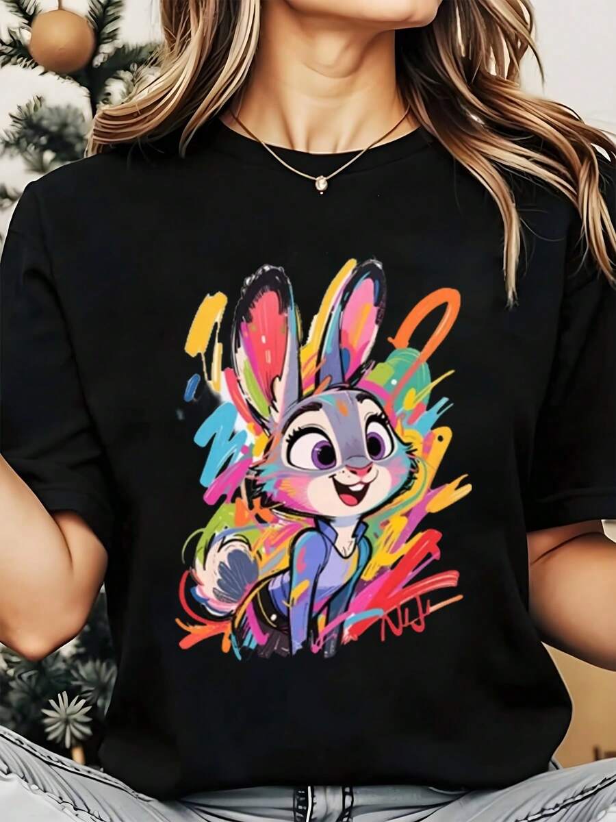 Disney Zootopia Judy Hopps Women's Round Neck Shirt Summer Tops Comfortable O-Neck T Shirt Fashion Casual Women Clothes - Black - View 1