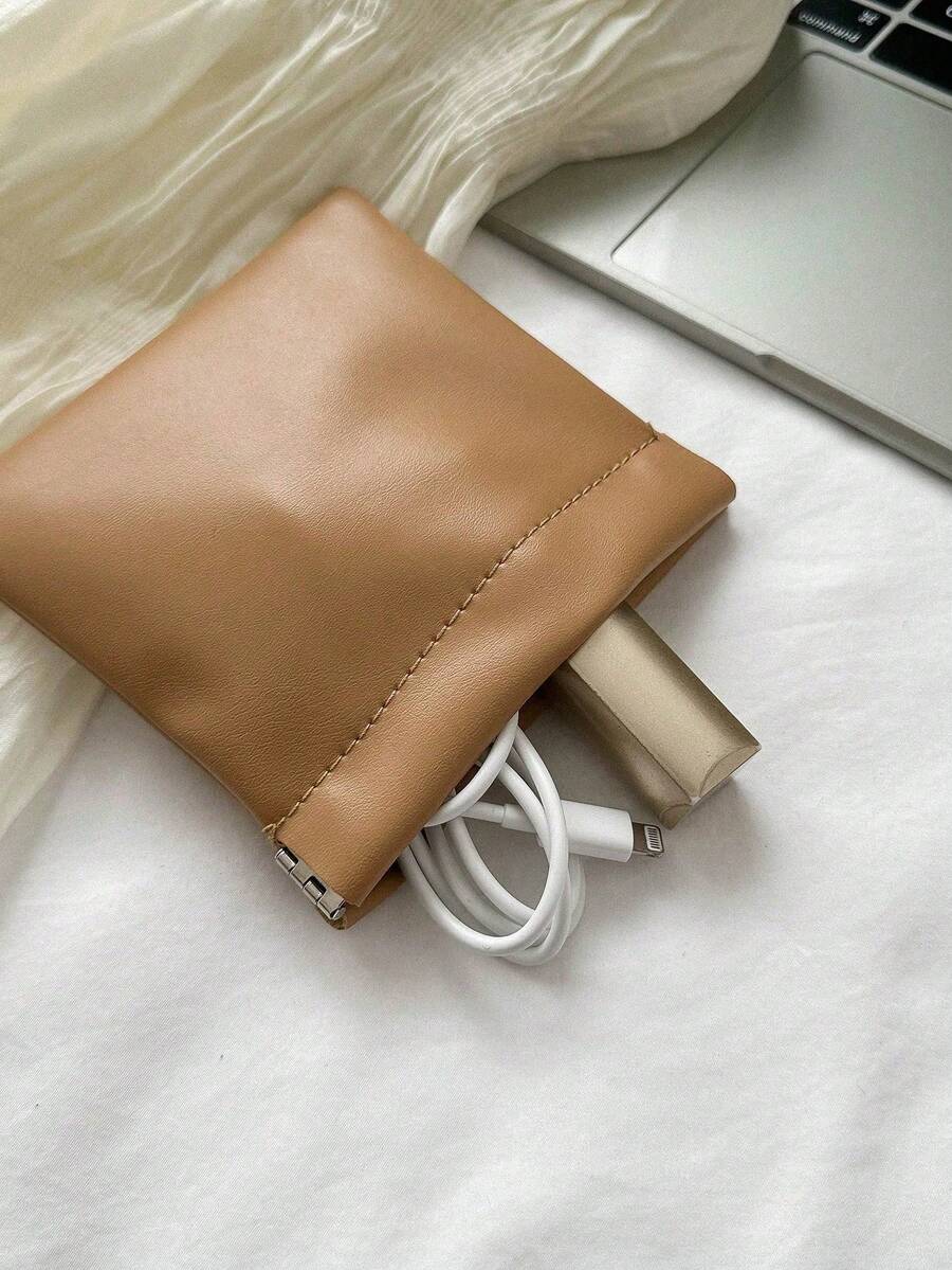 Auto-Closing Tight-Sealed Mini Storage Pouch For Earphones, Data Cables, Chargers, Power Banks And Keys, Portable Carry Bag - Khaki - View 1
